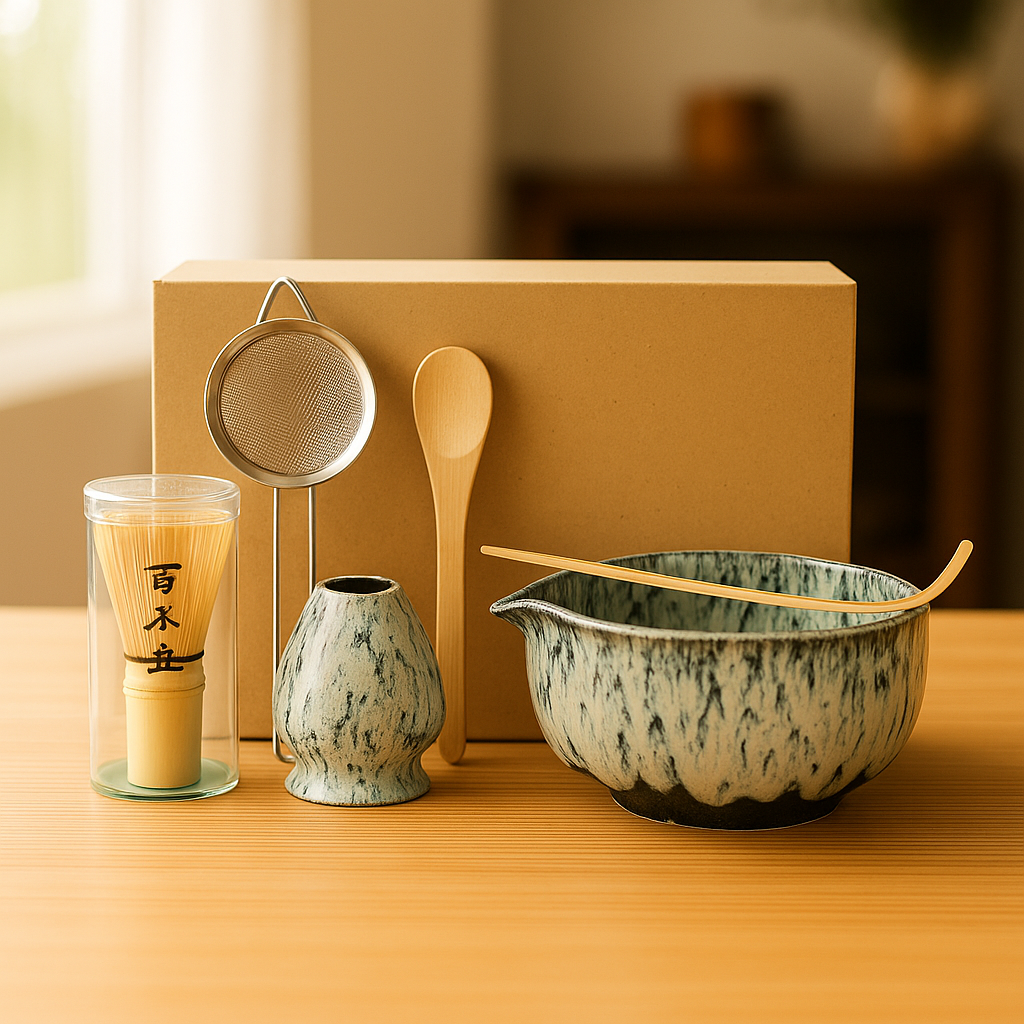 6PCS Japanese Matcha Tea Set – Handmade Bamboo Whisk & Artisan Bowl, Natural Eco-Friendly Gift for Tea Lovers
