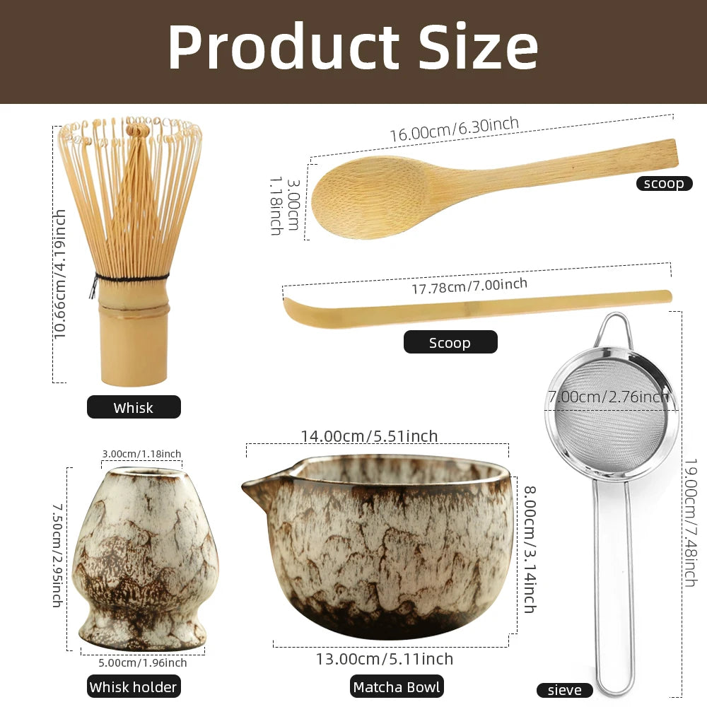 6PCS Japanese Matcha Tea Set – Handmade Bamboo Whisk & Artisan Bowl, Natural Eco-Friendly Gift for Tea Lovers