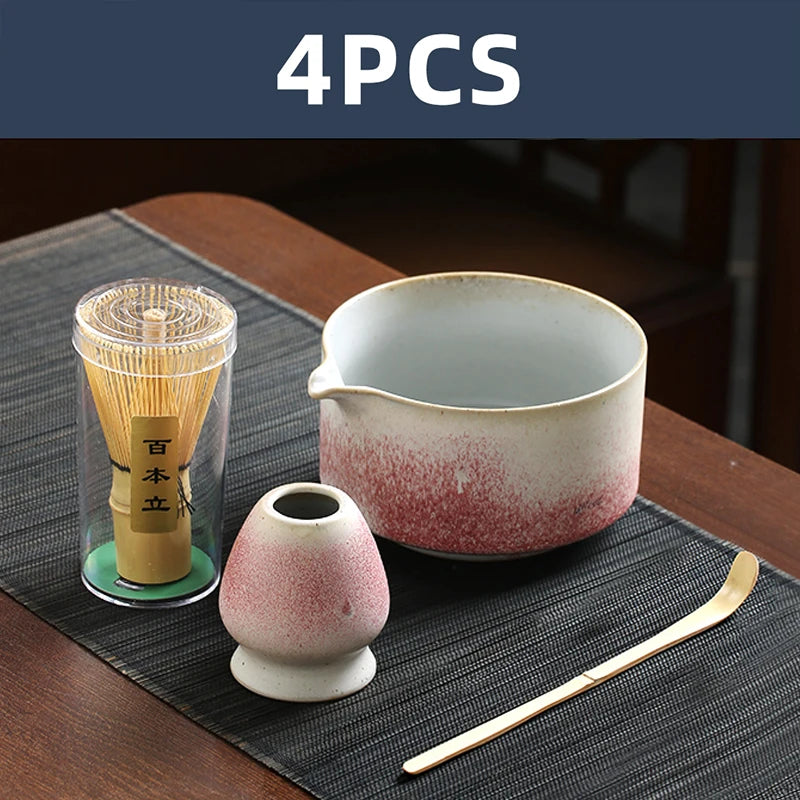 4PCS Japanese Matcha Set with Ceramic Bowl Bamboo Matcha Whisk Teaspoon Tea Sets Tea Lovers Gifts Tea-making Tools Accessories