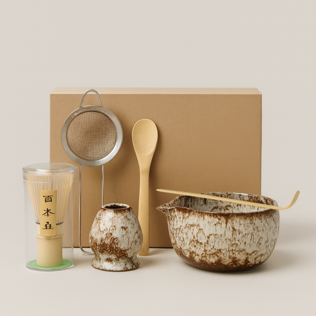 6PCS Japanese Matcha Tea Set – Handmade Bamboo Whisk & Artisan Bowl, Natural Eco-Friendly Gift for Tea Lovers