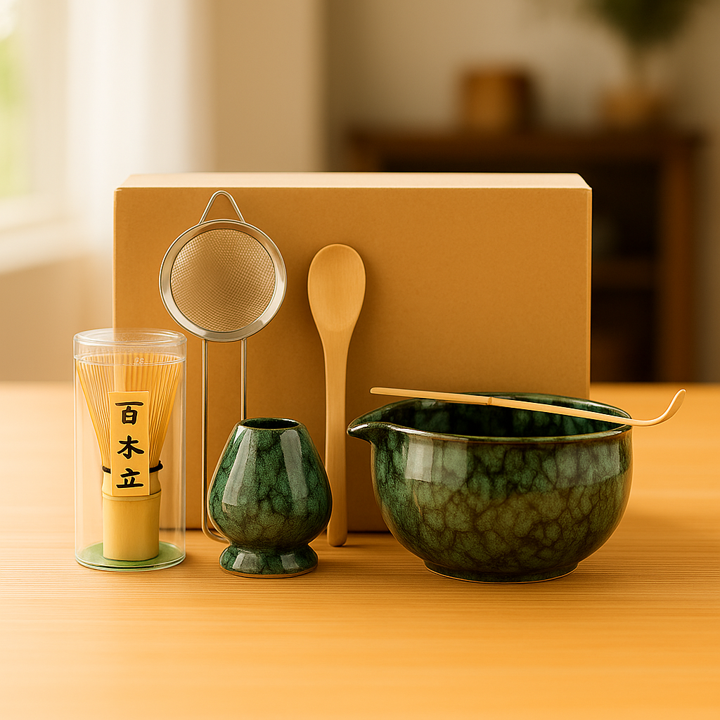 6PCS Japanese Matcha Tea Set – Handmade Bamboo Whisk & Artisan Bowl, Natural Eco-Friendly Gift for Tea Lovers