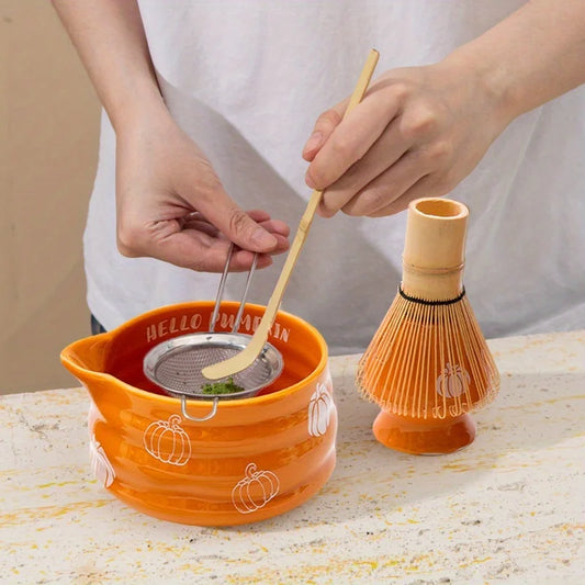 5pcs Halloween Matcha Set, Hello Pumpkin Design Matcha Blender Set, Autumn Cute Pumpkin Matcha Starter Set, Halloween Gift