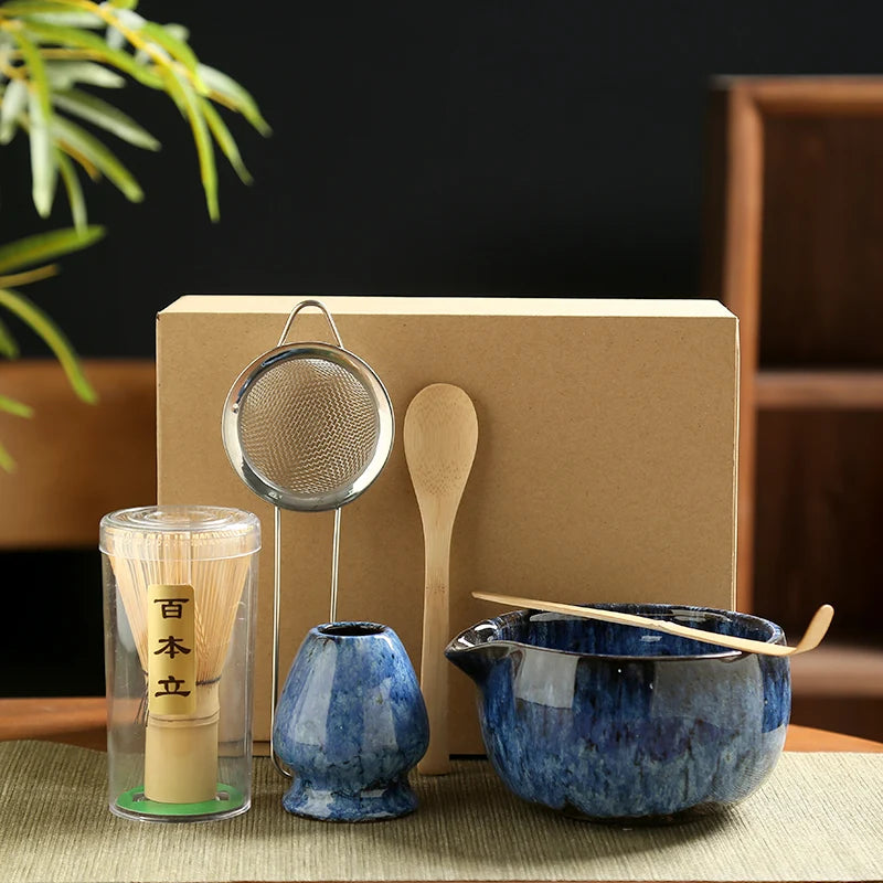 6PCS Japanese Matcha Tea Set – Handmade Bamboo Whisk & Artisan Bowl, Natural Eco-Friendly Gift for Tea Lovers