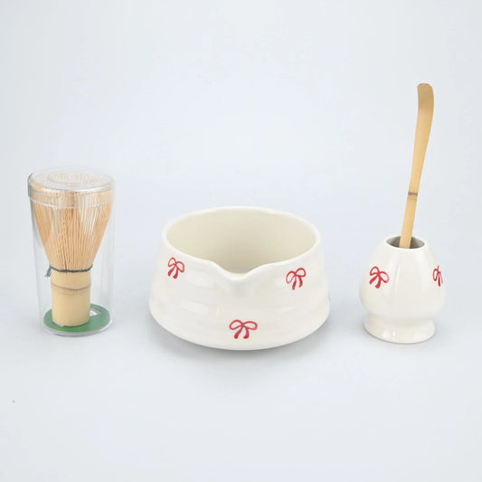 4/5pcs Matcha Whisk Set, Cute Bow Japanese Tea Set includes Whisk Sets and Matcha Bowl with Spout, Traditional Japanese Matcha K