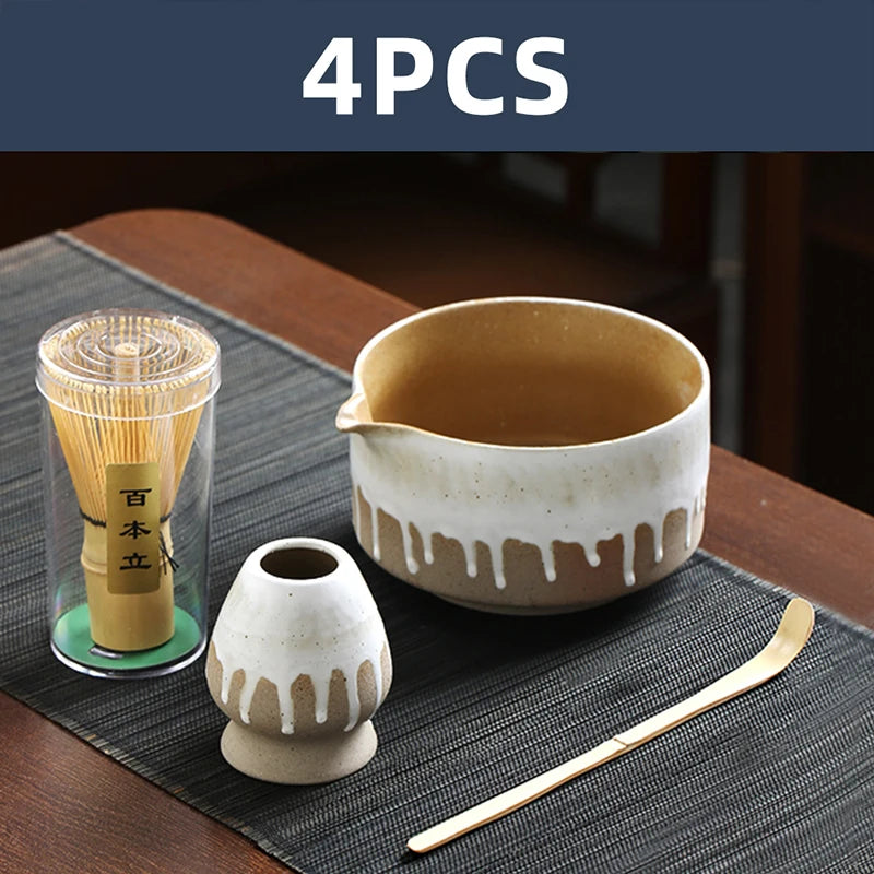 4PCS Japanese Matcha Set with Ceramic Bowl Bamboo Matcha Whisk Teaspoon Tea Sets Tea Lovers Gifts Tea-making Tools Accessories