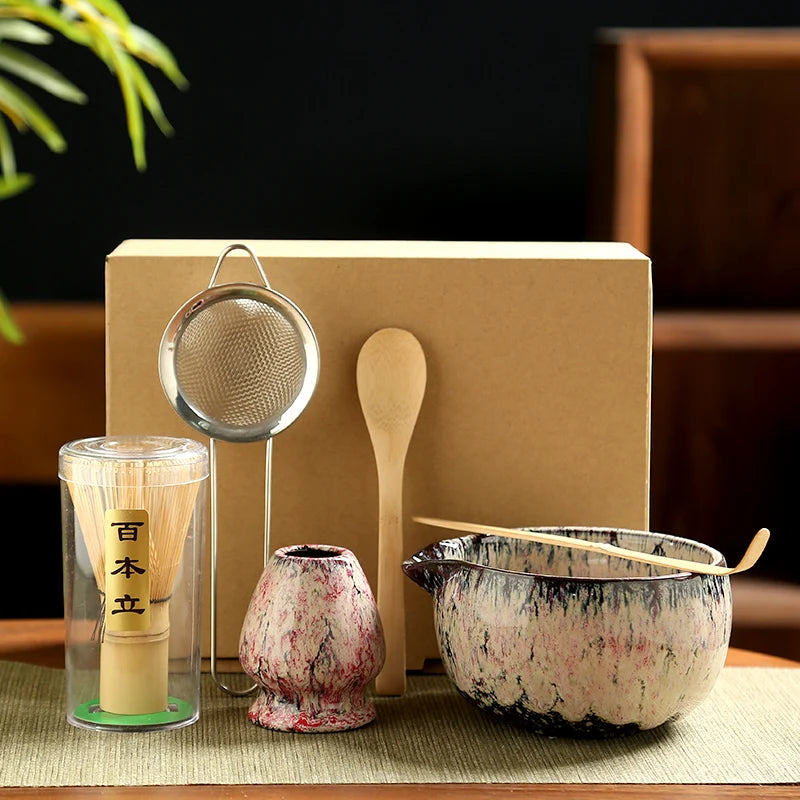 6PCS Japanese Matcha Tea Set – Handmade Bamboo Whisk & Artisan Bowl, Natural Eco-Friendly Gift for Tea Lovers