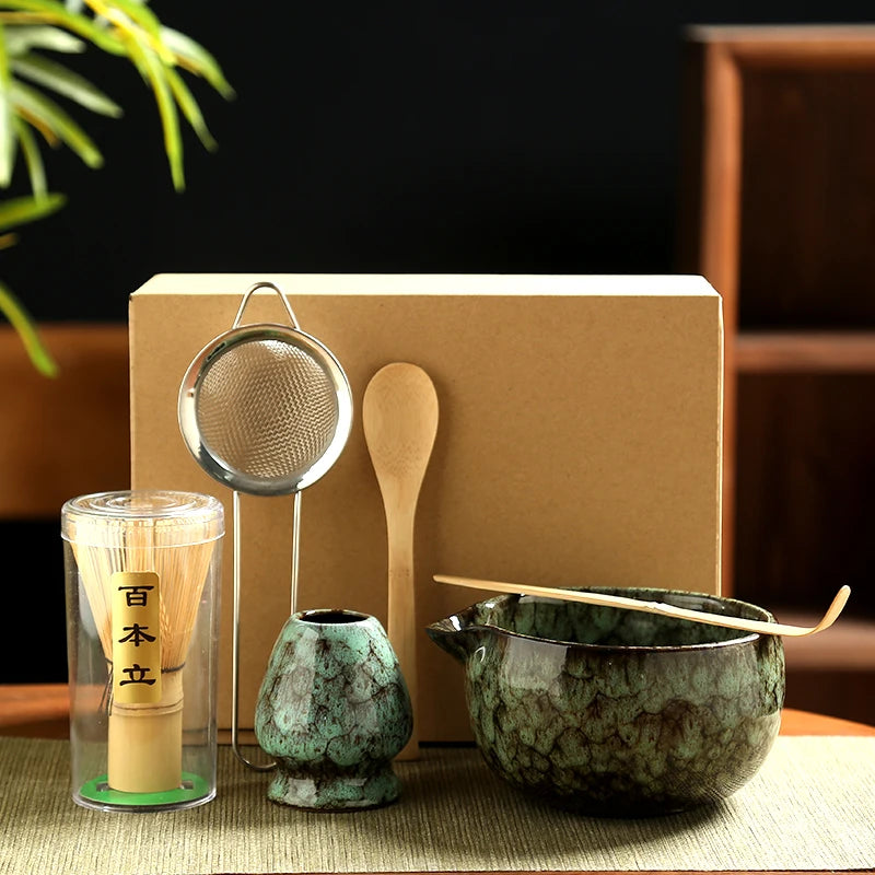 6PCS Japanese Matcha Tea Set – Handmade Bamboo Whisk & Artisan Bowl, Natural Eco-Friendly Gift for Tea Lovers