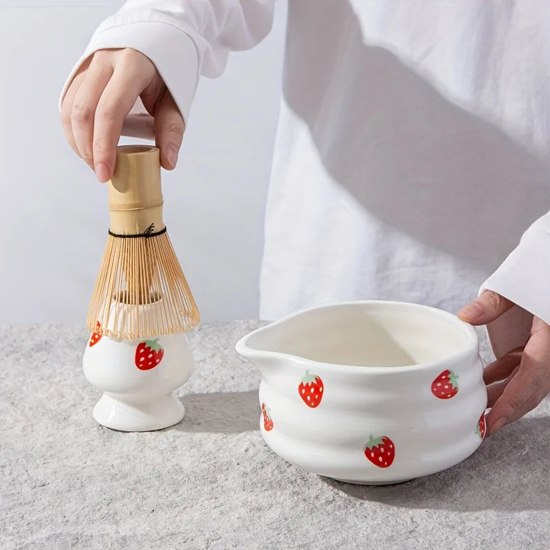1/3/4/5pcs cute strawberry mouth matcha bowl and matcha whisk set, Japanese fresh matcha tool set and matcha bowl