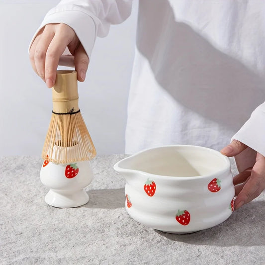 1/3/4/5pcs cute strawberry mouth matcha bowl and matcha whisk set, Japanese fresh matcha tool set and matcha bowl