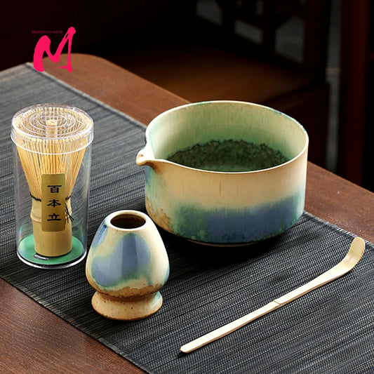 4PCS Japanese Matcha Set with Ceramic Bowl Bamboo Matcha Whisk Teaspoon Tea Sets Tea Lovers Gifts Tea-making Tools Accessories
