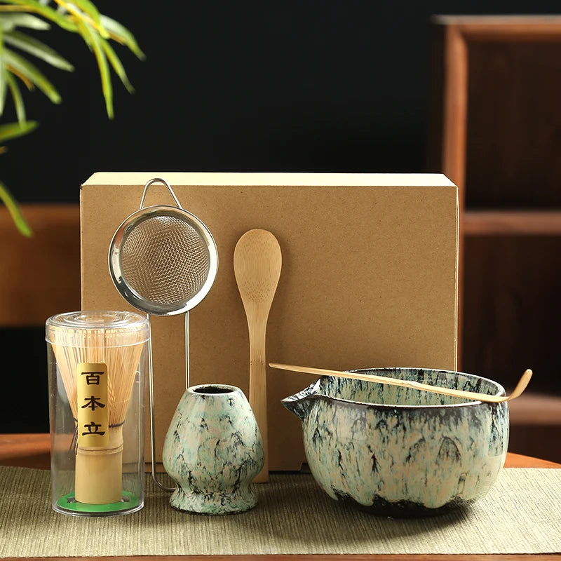 6PCS Japanese Matcha Tea Set – Handmade Bamboo Whisk & Artisan Bowl, Natural Eco-Friendly Gift for Tea Lovers