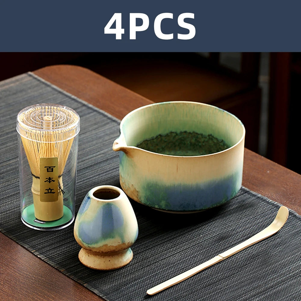 4PCS Japanese Matcha Set with Ceramic Bowl Bamboo Matcha Whisk Teaspoon Tea Sets Tea Lovers Gifts Tea-making Tools Accessories