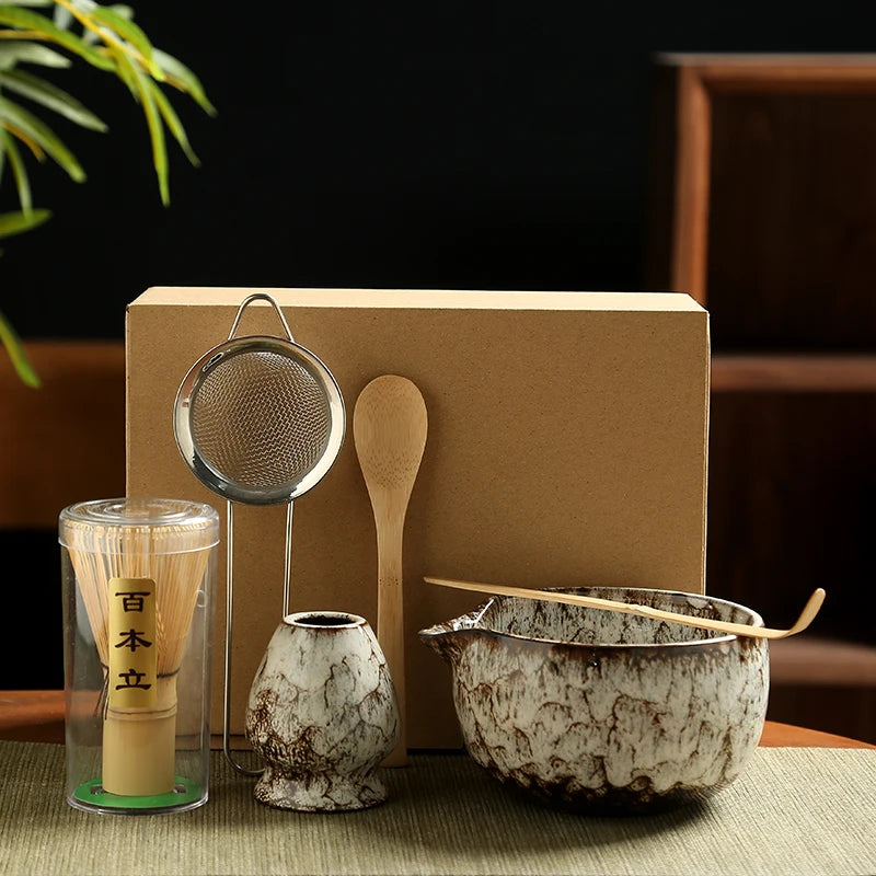 6PCS Japanese Matcha Tea Set – Handmade Bamboo Whisk & Artisan Bowl, Natural Eco-Friendly Gift for Tea Lovers