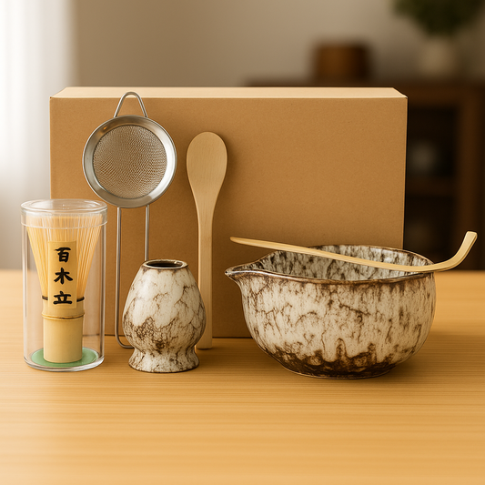 6PCS Japanese Matcha Tea Set – Handmade Bamboo Whisk & Artisan Bowl, Natural Eco-Friendly Gift for Tea Lovers